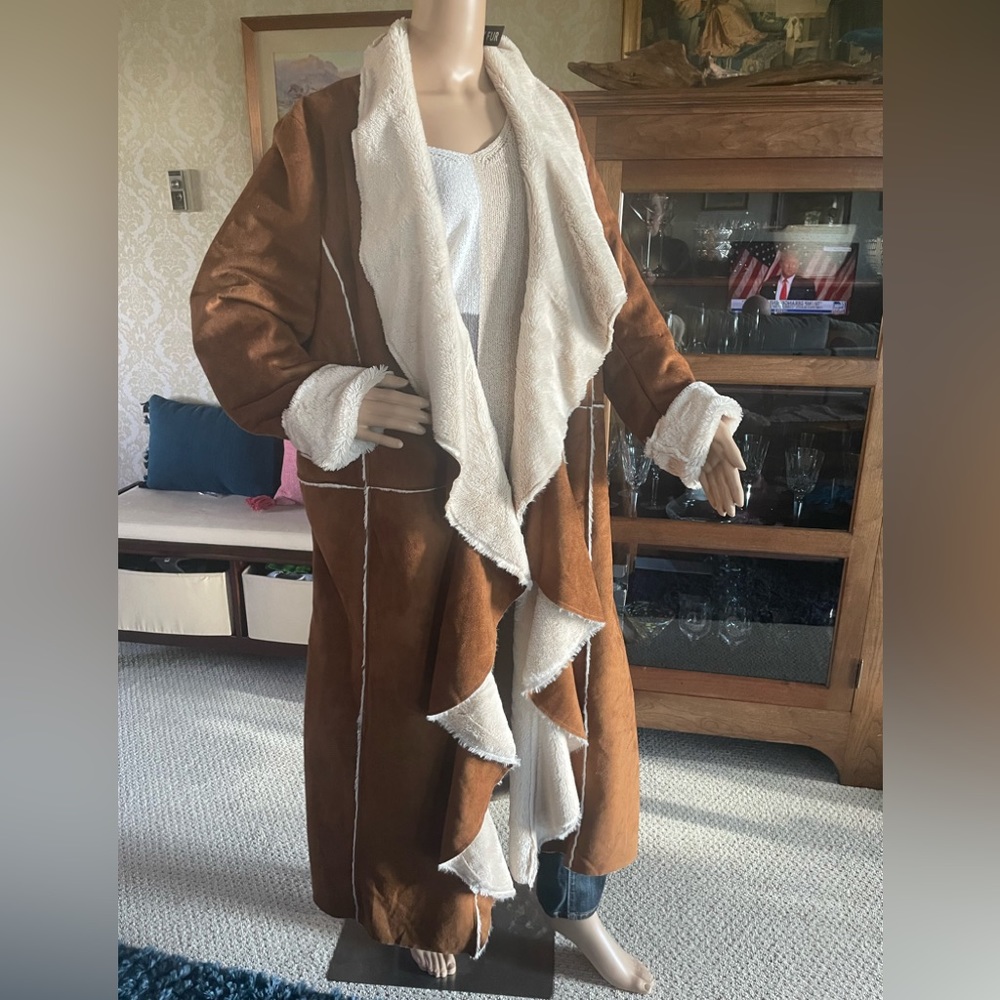 Faux suede shearling long coat